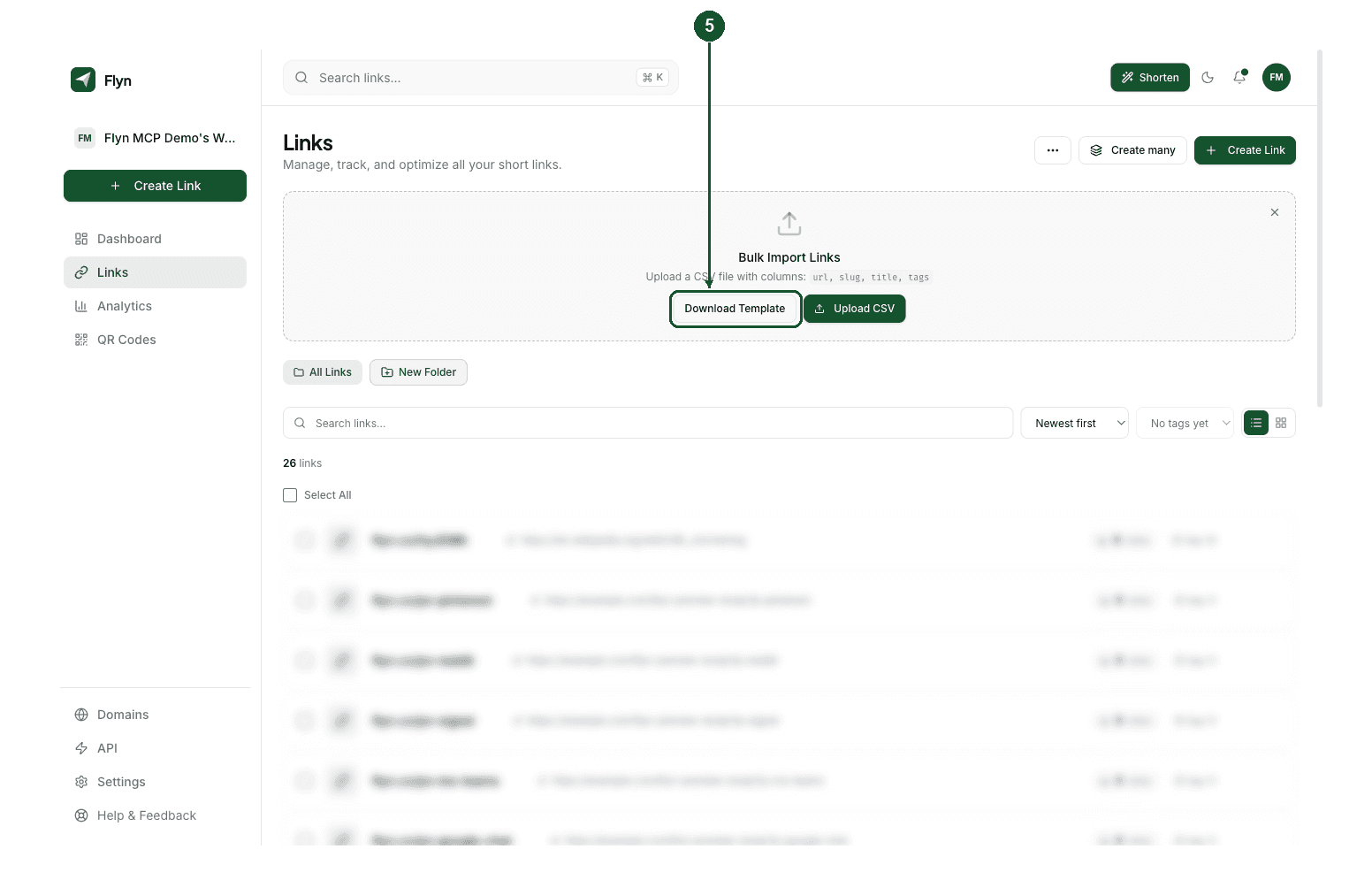 The Bulk Import Links panel with the Download Template button highlighted