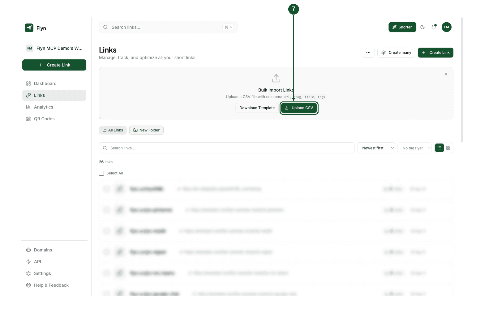 The Bulk Import Links panel with the Upload CSV button highlighted