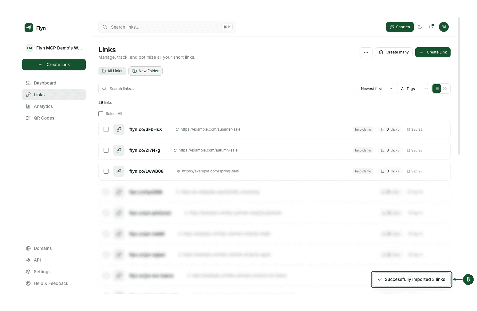 The Links page after an import, with three new links at the top of the list and the message Successfully imported 3 links at the bottom right
