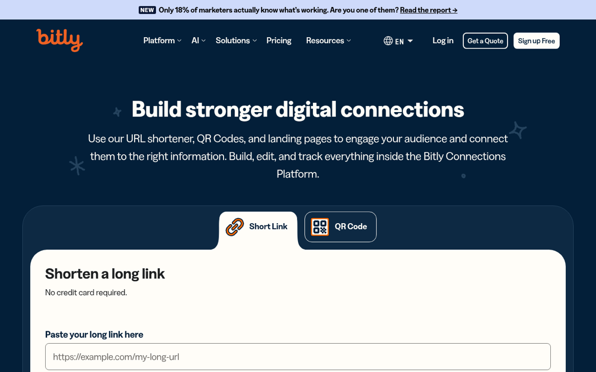 Bitly homepage with the Connections Platform hero and the shorten-a-long-link box