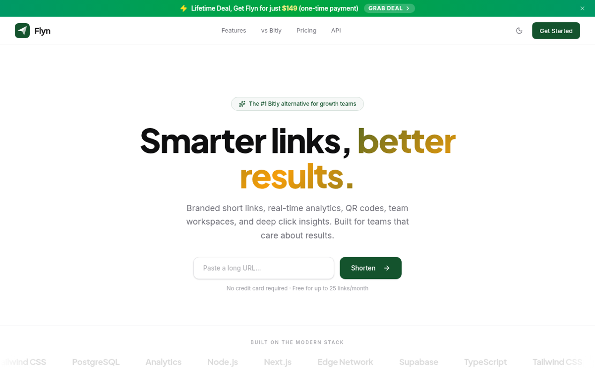 The Flyn homepage showing the free link shortener box, branded short links and click analytics messaging