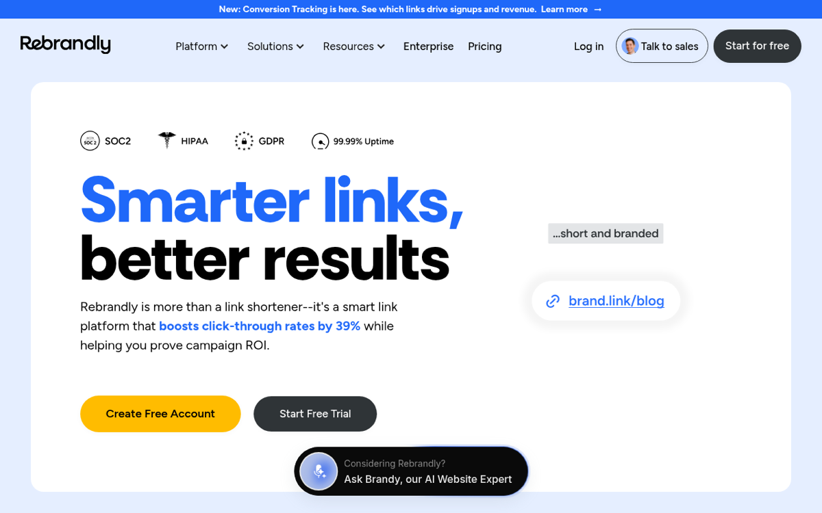 Rebrandly homepage promoting branded short URLs and custom domains for marketing teams