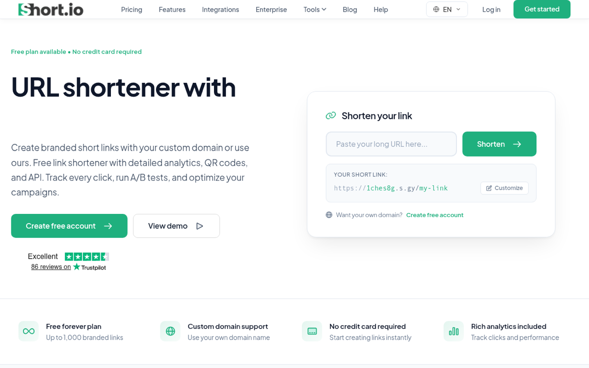 Short.io homepage highlighting the URL shortener with custom domains and analytics