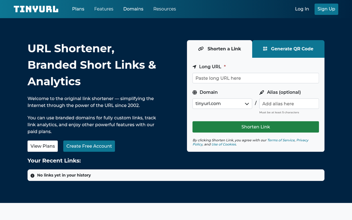TinyURL homepage with the classic paste-and-shorten box and branded domains upsell