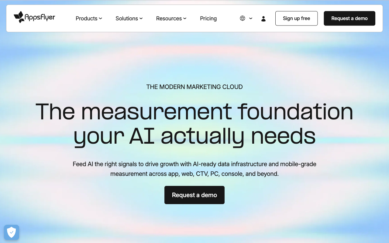 AppsFlyer homepage in July 2026, presenting itself as a modern marketing cloud for mobile attribution