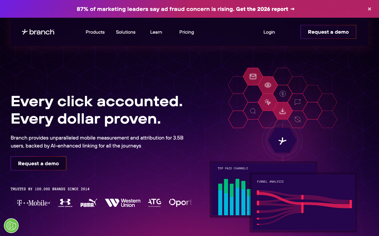 Branch homepage in July 2026, positioning itself around mobile measurement and attribution with the tagline Every click accounted, every dollar proven