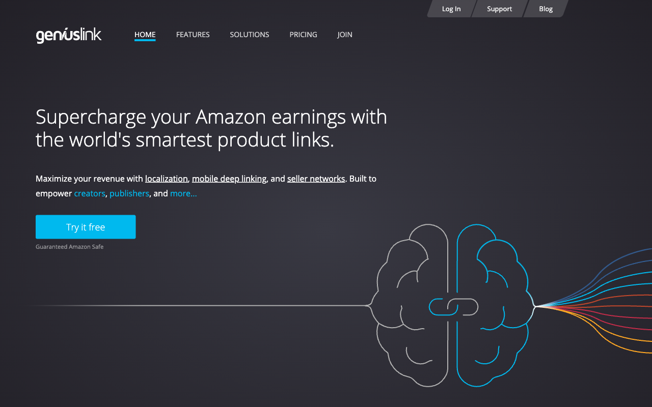 Geniuslink homepage in July 2026, describing itself as a URL shortener for creators and affiliates