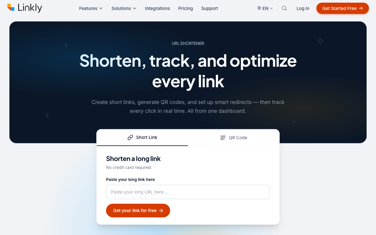 Linkly homepage in July 2026, presenting a free URL shortener with link tracking and routing features