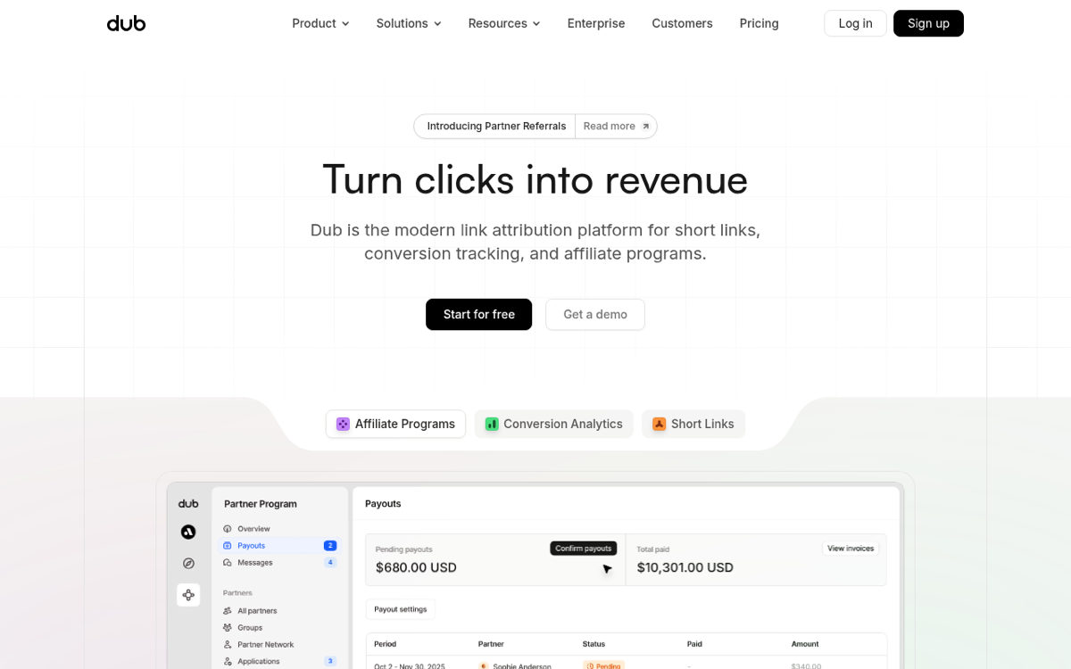 The Dub homepage showing the open-source link attribution platform with API and analytics messaging