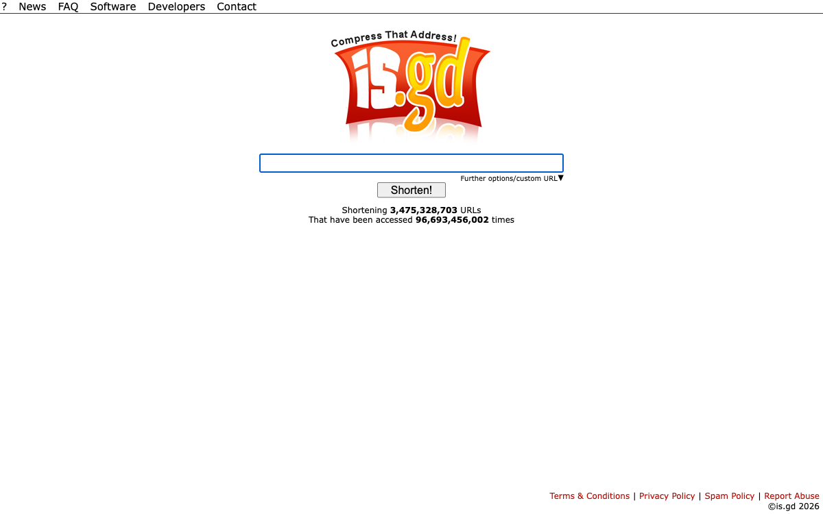 The is.gd homepage with its minimal shorten box and no-signup, unlimited free messaging