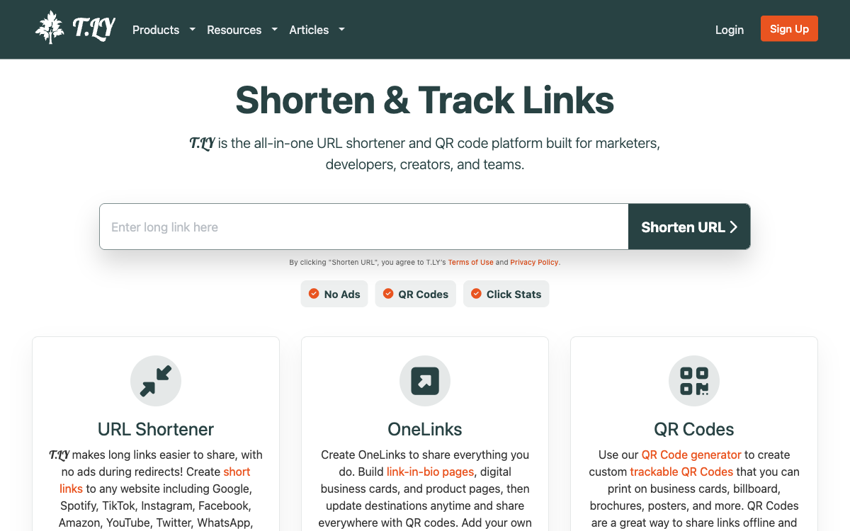 The T.LY homepage showing its ultra-short domain URL shortener with free short links and QR codes