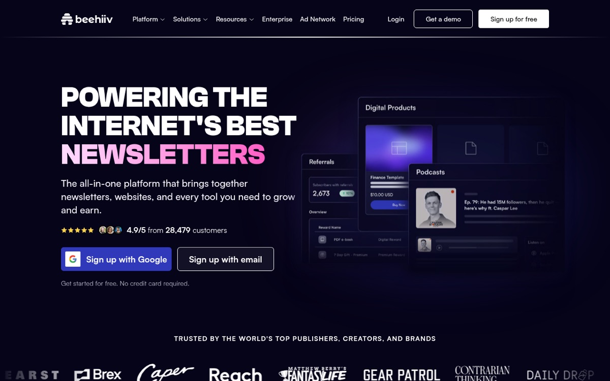The beehiiv homepage in July 2026