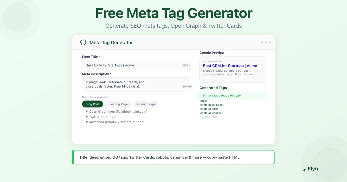 Free Meta Tag Generator, SEO Meta Tags & Open Graph | Flyn